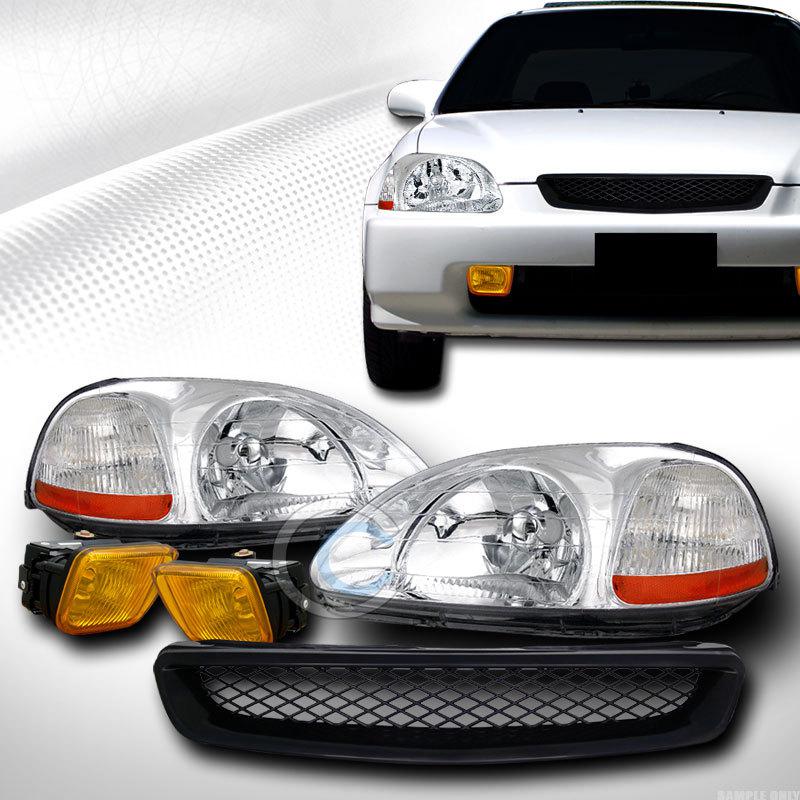 Chrome head lights amber dy+grill grille abs+fog lamps yellow 96-98 civic ek ek9