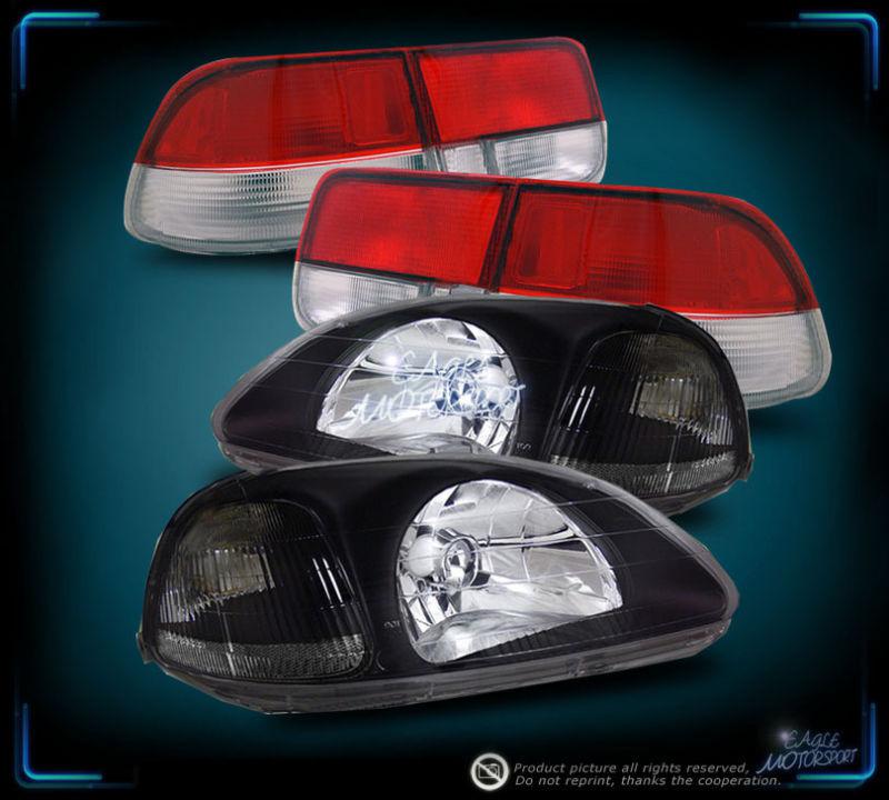 1996-1998 honda civic 2dr coupe jdm blk crystal headlighst/red clear tail lamps