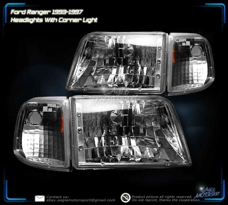 1993-1997 ford ranger crystal chrome clear headlights assembly + corner lamps