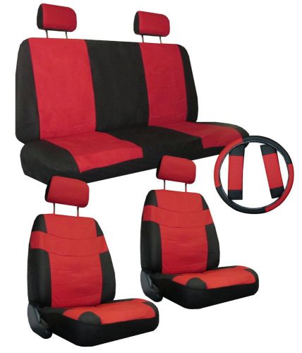 Car seat covers red black w/ steering wheel cover belt pads, bench pkg sc-512