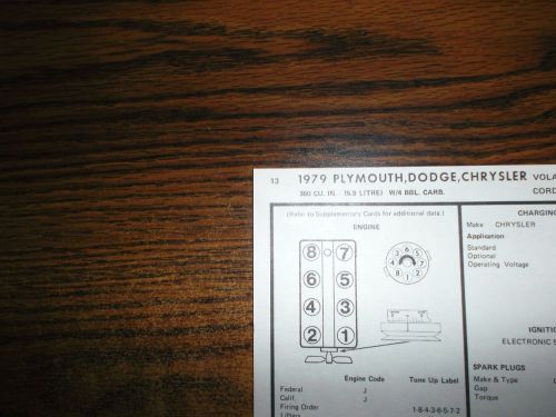 1979 dodge plymouth chrysler eight j-code 5.9 liter 360 ci v8 4bbl tune up chart