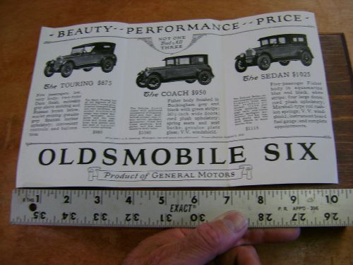 Sales brochure 1926 oldsmobile six details of construction and list of prices.