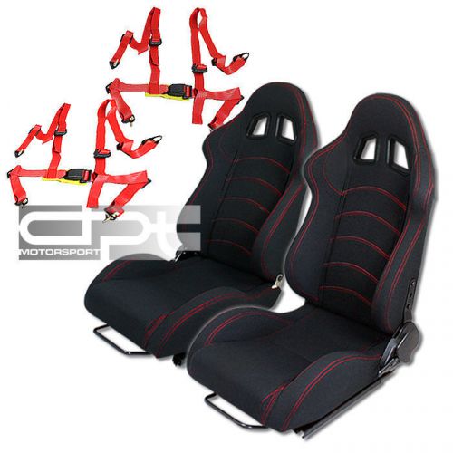 2 x universal type-f1 black woven racing seats+slider+4-point harness red belts