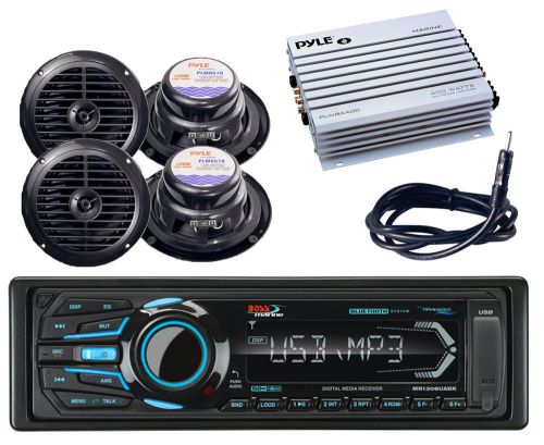 Amplifier,antenna,4 black speakers&amp;boss marine usb ipod aux  bluetooth receiver