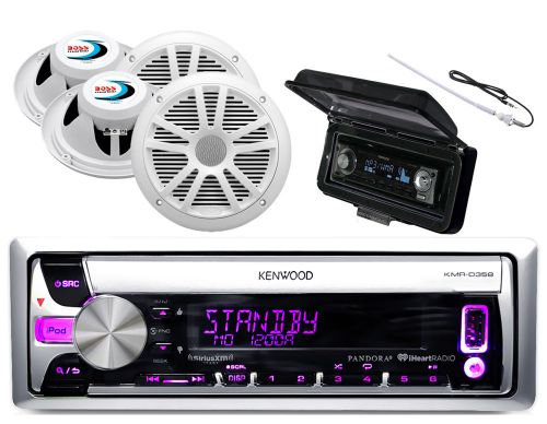 Kenwood mp3 cd usb ipod marine radio, 4 white 6.5&#034;speakers, antenna, radio cover