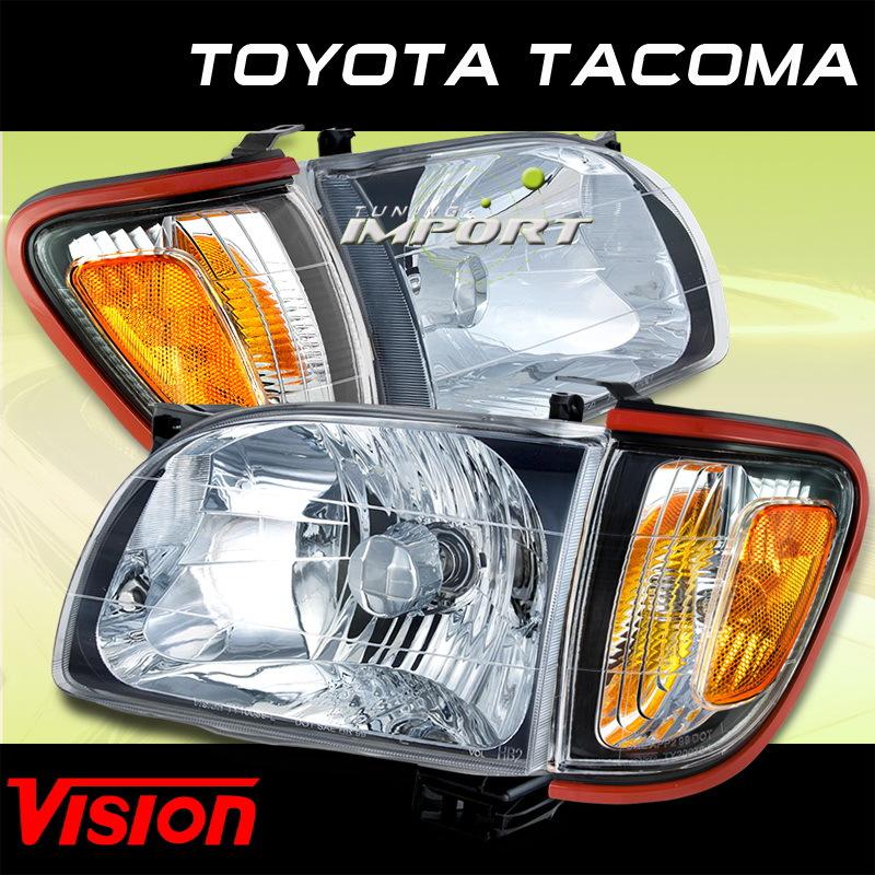 Toyota 01-04 tacoma chrome headlights+red bezel corner signal lamp lh+rh set