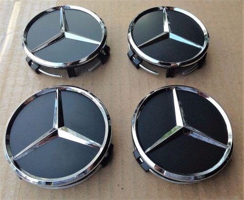 Mercedes set of 4 black center wheel hub caps 75mm cover chrome emblem 3&#034; new