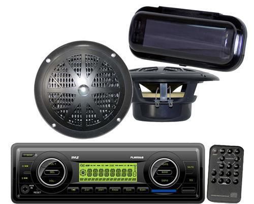 New pyle black marine boat usb mp3 aux an fm radio receiver &amp; 2 speakers + cover