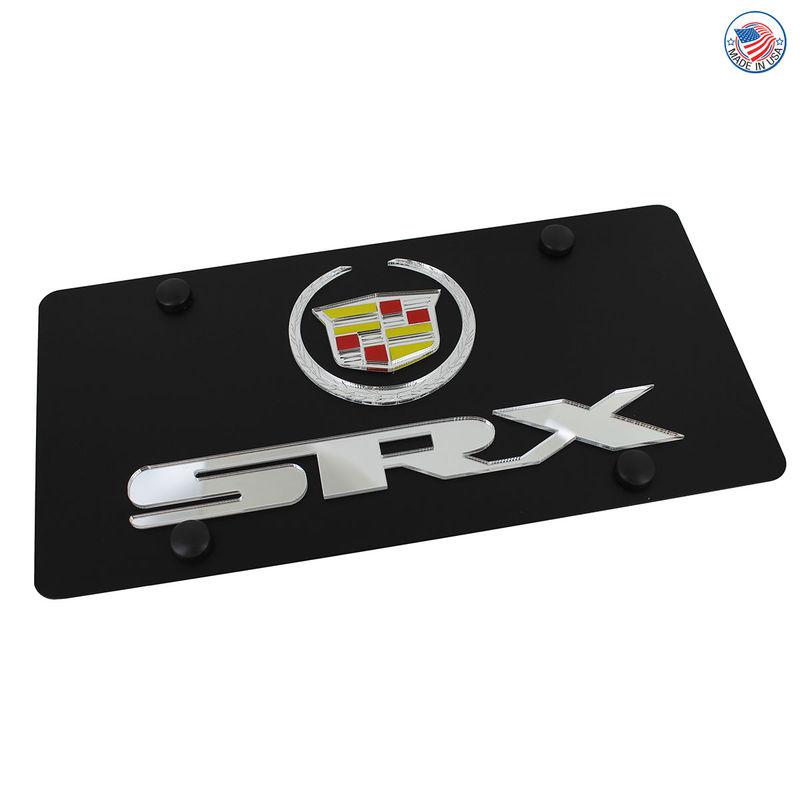 Cadillac silver logo + srx name on carbon black stainless steel license plate