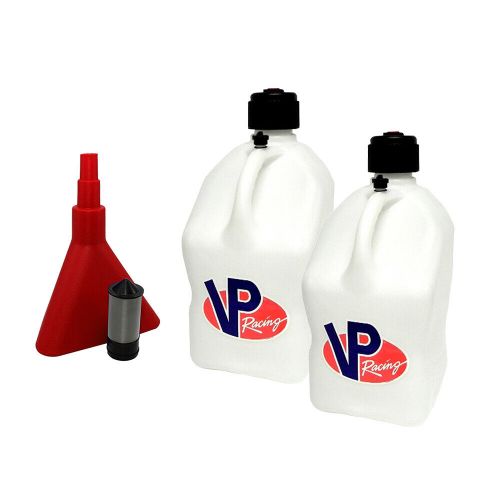 Vp racing 2 pack white 5 gallon square race gas fuel jug and funnel w/ filter