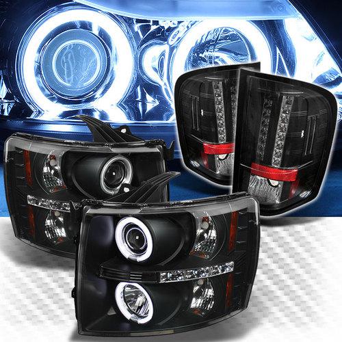 07-13 silverado black ccfl halo projector headlights + black led tail lights set