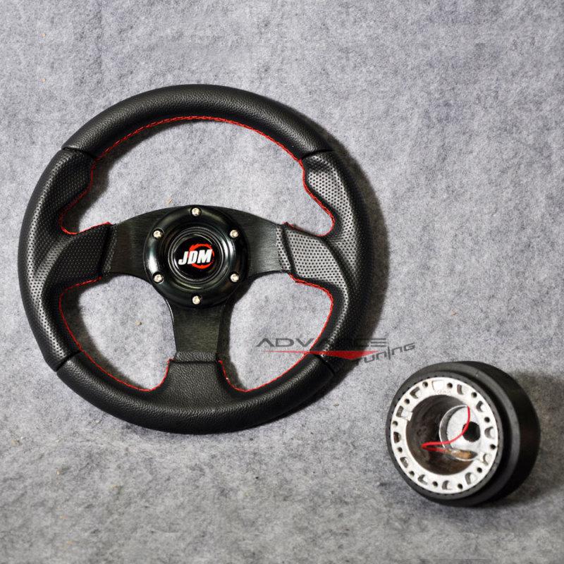 280mm steering wheel black pvc carbon look red stitch + hub adapter + jdm horn