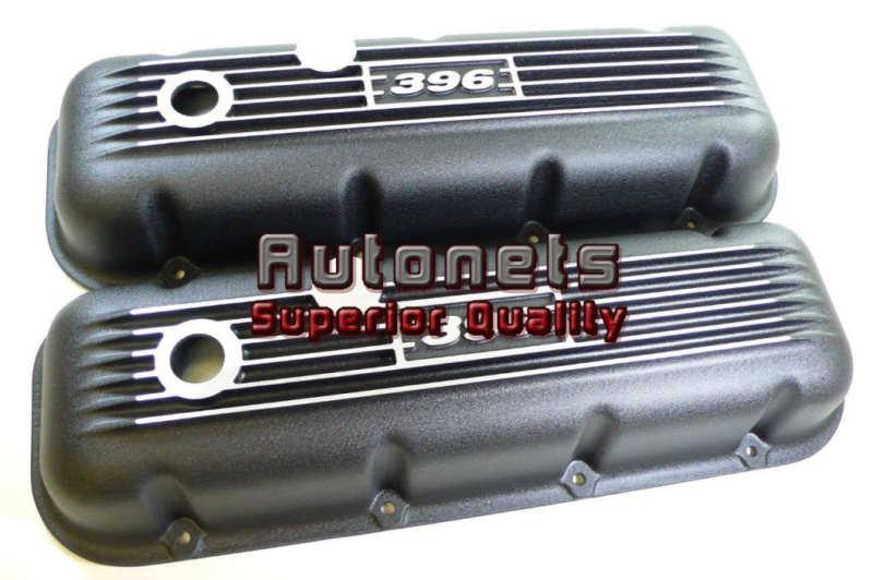 Big block chevy black aluminum valve cover 396 logo bb street hot rat rod finned