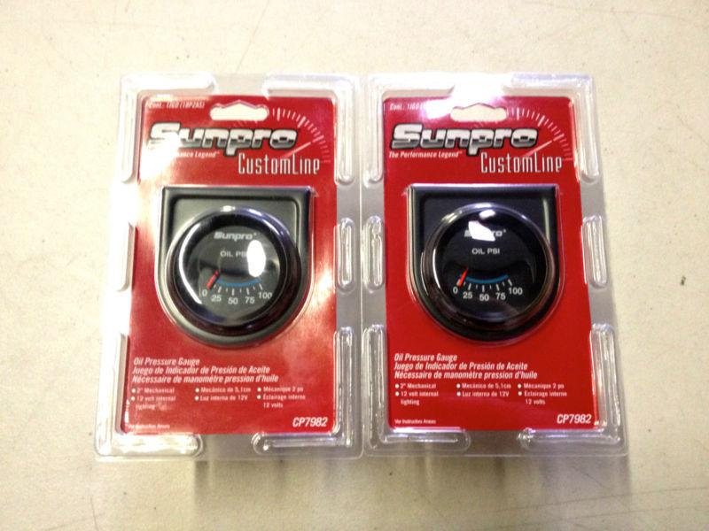 2 new sunpro cp7982  2" oil pressure gauge black / black bezel 0-100 psi 