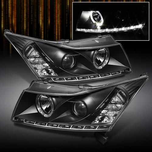 Black 11-13 chevy cruze drl projector headlights w/daytime led running lights