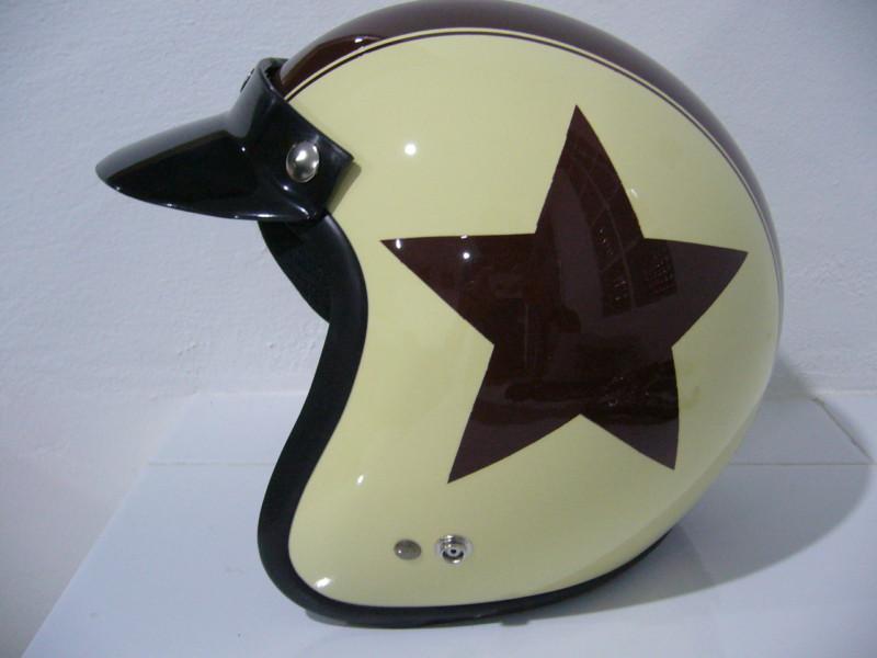 Vintage scooter motorcycle ivory brown star racing open face helmet new