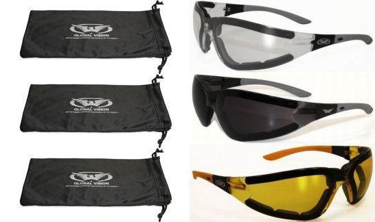 3 pair padded motorcycle riding glasses day & night clear dark yellow carry bags