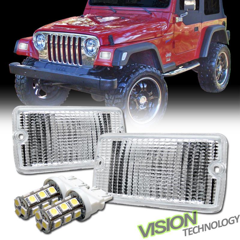 97-06 wrangler tj chrome clear bumper signal/parking lights lamps+3157 led bulbs