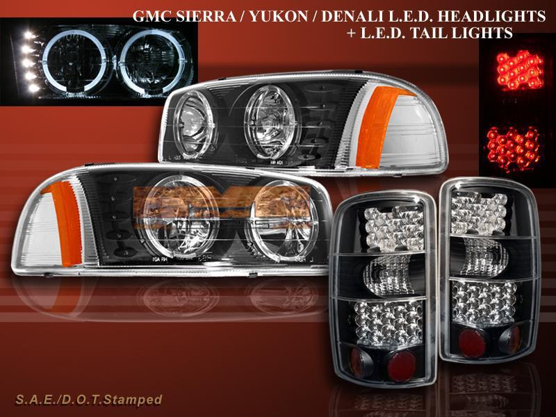 2000-06 gmc yukon 1500 2500 xl twin halo headlights + black led tail lights new