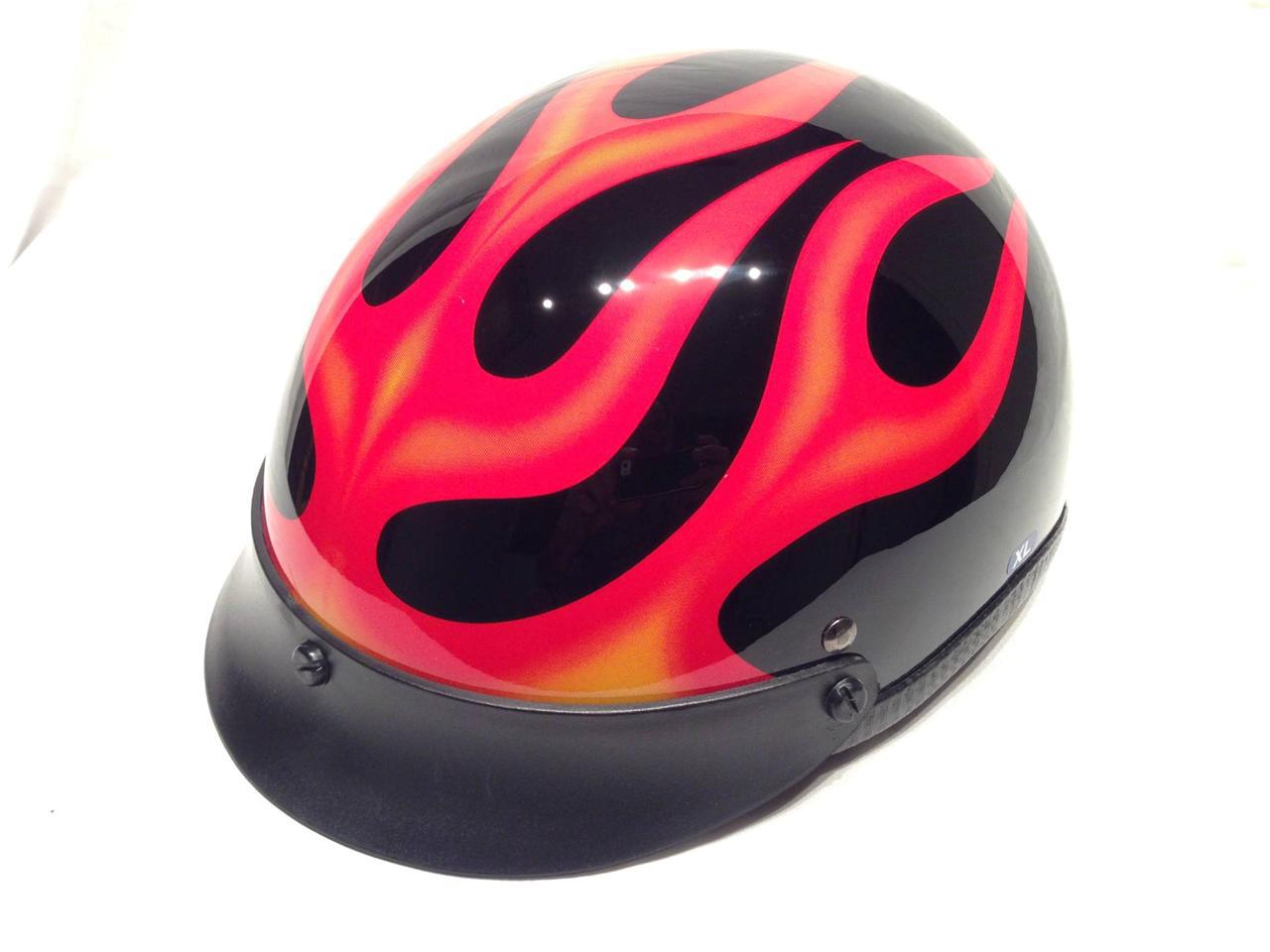 Black red flames half helmet low profile traditional motorcycle dot approved new