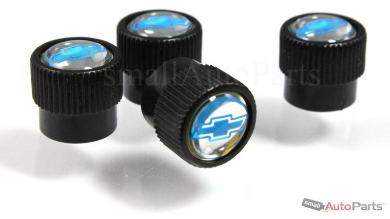 (4) chevrolet mirror blue logo black abs tire/wheel stem air valve caps set