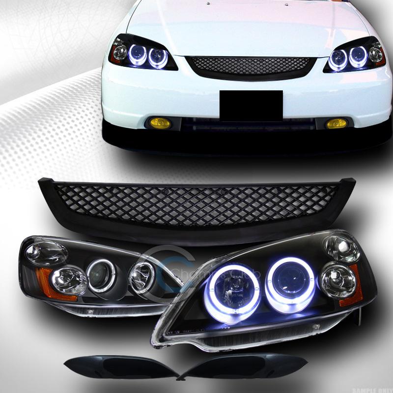 Blk halo projector head light am+eyelids eyebrows trims+grill grille 01-03 civic