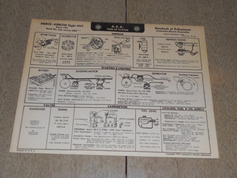 Vintage 1937 pierce arrow eight a.e.a tune-up system chart