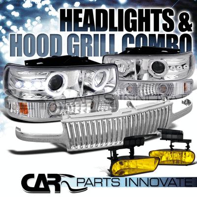 99-02 silverado chrome projector headlights+bumper lamp+yellow fog light+grill