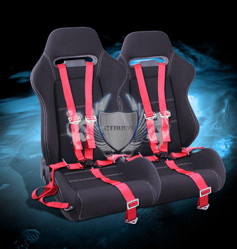 2x jdm f1 sport racing seat fabric white stitch w/sliders +5-pt red camlock belt