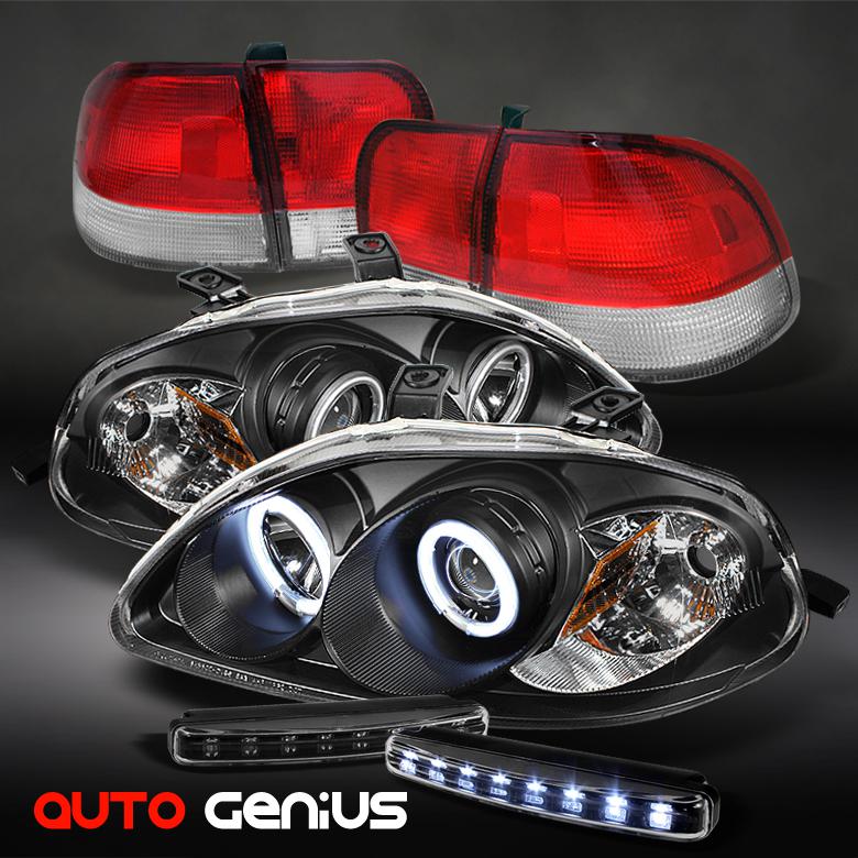 96-98 civic 4dr blk ccfl projector headlights + red clear tail lights + drl led