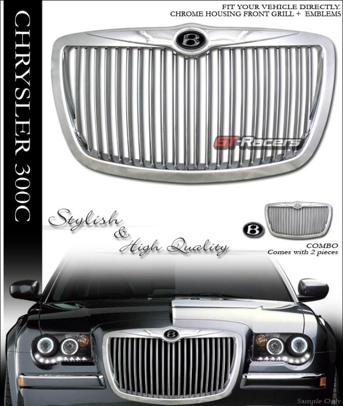 Chrome vertical hood bumper grill grille w/b emblem 2004-2010 chrysler 300 300c