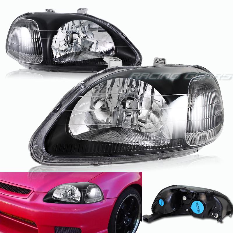 96-98 honda civic jdm black housing clear lens clear reflector headlight lamps