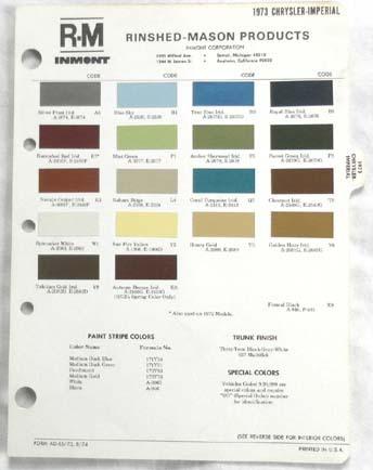 1973 chrysler and imperial r-m  color paint chip chart all models 