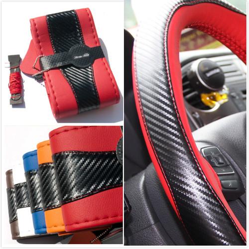 Steering wheel wrap red pvc leather carbon fiber pattern diy stitch new 47021a