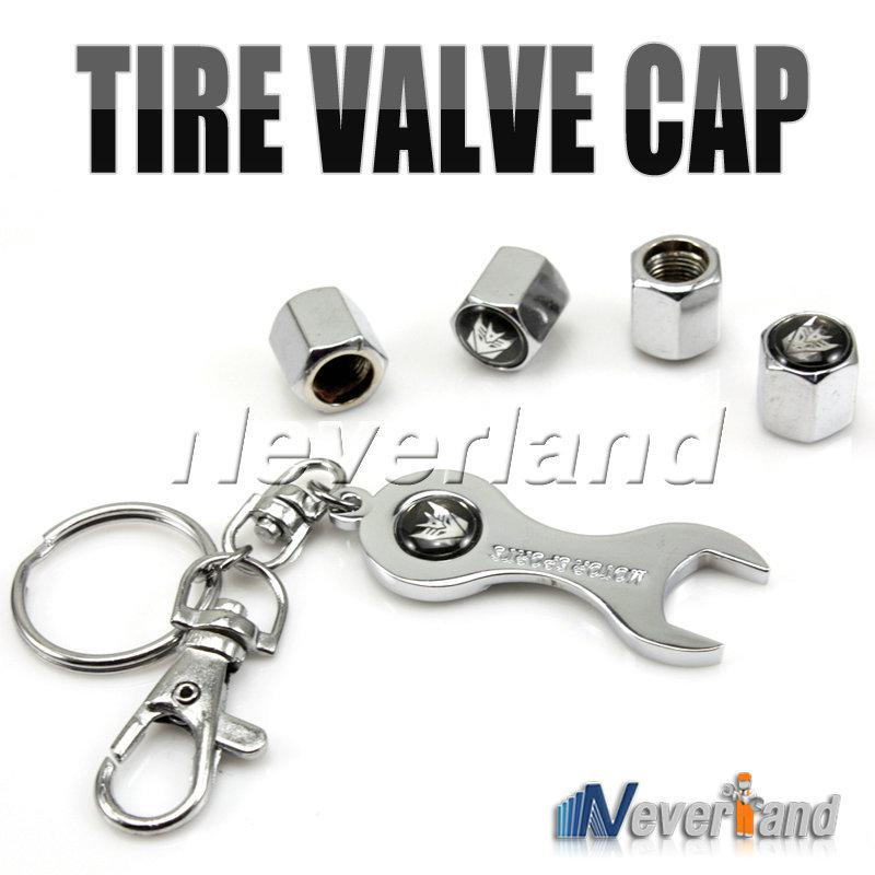 Car tire tyre wheel valve stems caps & cover wrench keychain set for decepticon