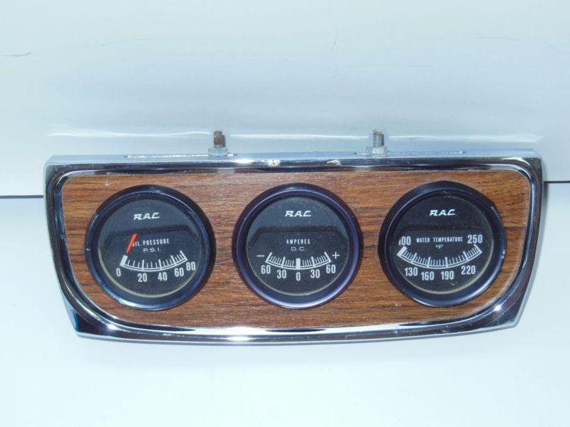 Vintage rac underdash gauge trio w/burlwood bezel oil pressure amps water temp