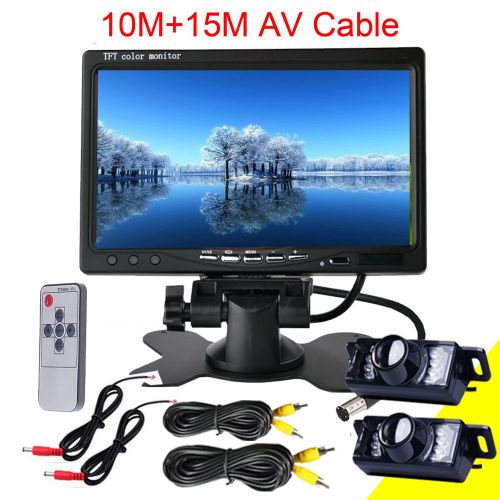 7&#034; car rear view monitor 2ch av + 2x backup camera night vision 10m 15m av cable