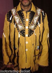 Western fringed buckskin native american indian fringe bones coat jacket xs 6xl