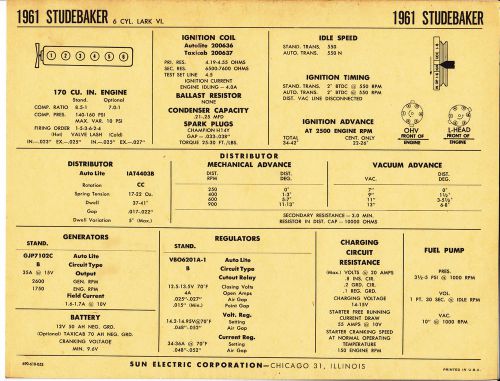 1961 studebaker inline 6 cylinder lark vi 170 ci car sun electronic spec sheet