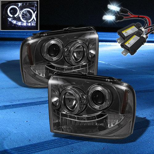 8000k slim xenon hid+smoked 05-07 f250 halo led projector headlights head lights