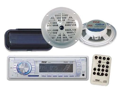 Pyle plmr18 new marine boat mp3 usb aux am fm radio pair 5.25&#034; speakers + cover