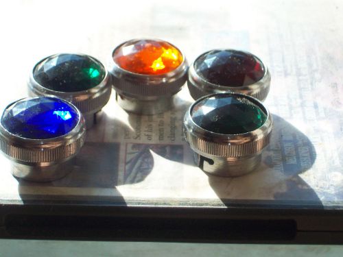 5 rare red, blue, green &amp; yellow glass tractor jewels, gems dash light covers