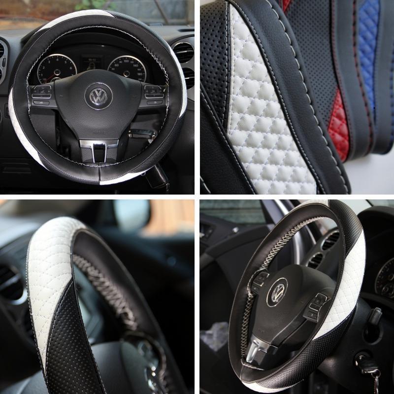 Vw black + white pvc leather steering wheel wrap cover w/ needle thread diy