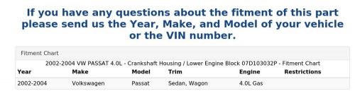 2002-2004 vw passat 4.0l - crankshaft housing / lower engine block 07d103032p