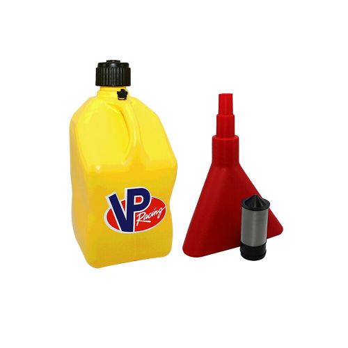 Vp racing yellow square fuel jugs gas utility water container filter + funnel