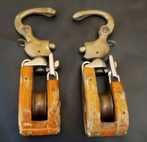 Pair of vintage merriman bros bronze, wood and stainless snatch blocks #2