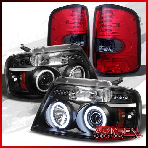 04-08 f150 black dual ccfl halo projector headlights+red smoked led tail lights