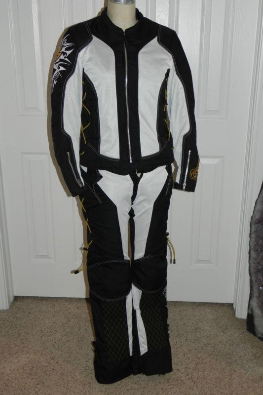 New scorpion exo women’s motorcycle jacket & pants black white gold size medium 