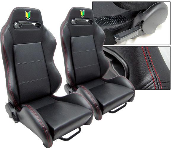 1 pair black leather + red stitch & logo racing seats reclinable all honda