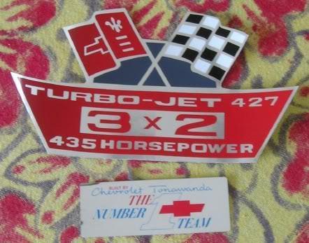 Chevy turbo jet 427 3x2 435 hp air cleaner decal vette corvette